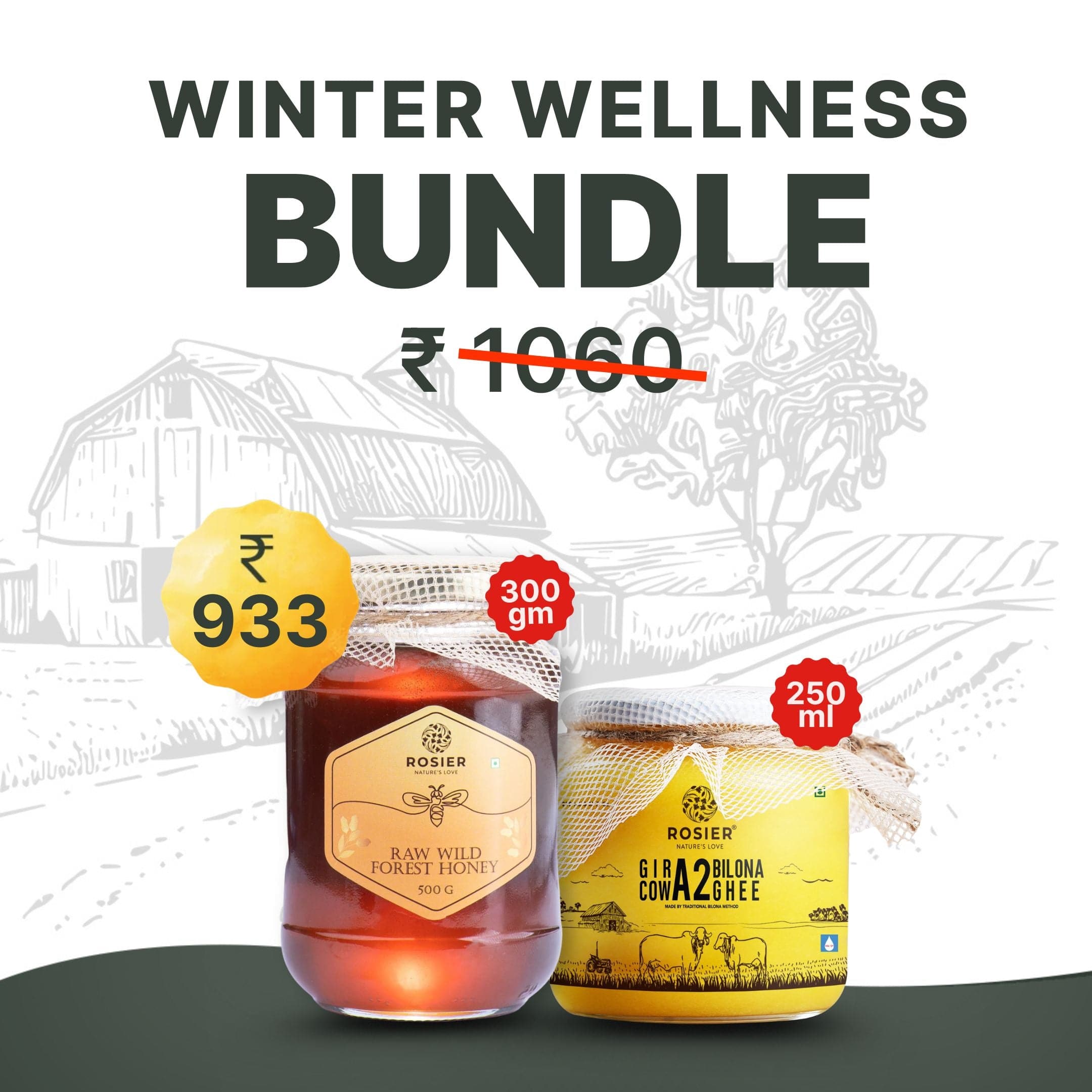 Rosier Foods Winter Wellness Bundle 250ml Ghee + 300gms Honey
